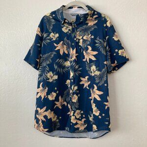 Seapointe Mens Hawaiian Shirt Short Sleeve Navy Floral Vacation Casual Medium